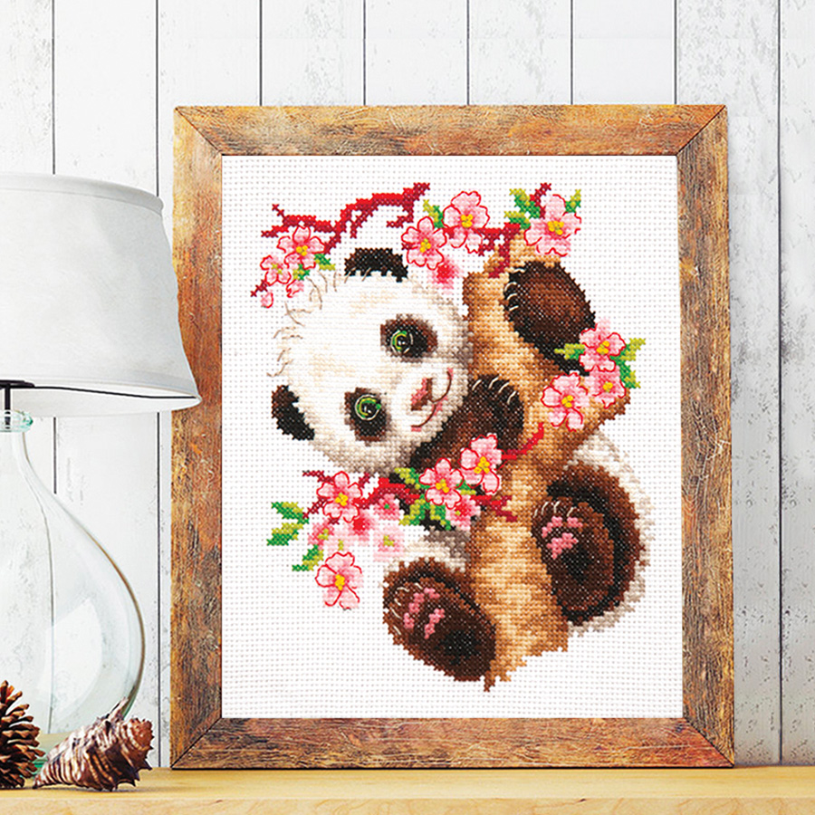 Kit canevas 15x20cm panda toile coton + aiguille + fils enfants