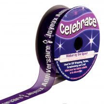 Organza en bobine - Celebrate - Organza violet imprimé blanc Joyeux Anniversaire - 15 mm x 3.