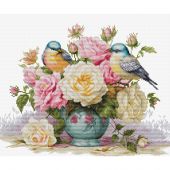 Kit broderie point de croix - Luca-S - Vase avec roses et oiseaux