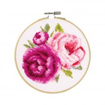 Kit broderie point de croix avec tambour - DMC - Pivoines roses